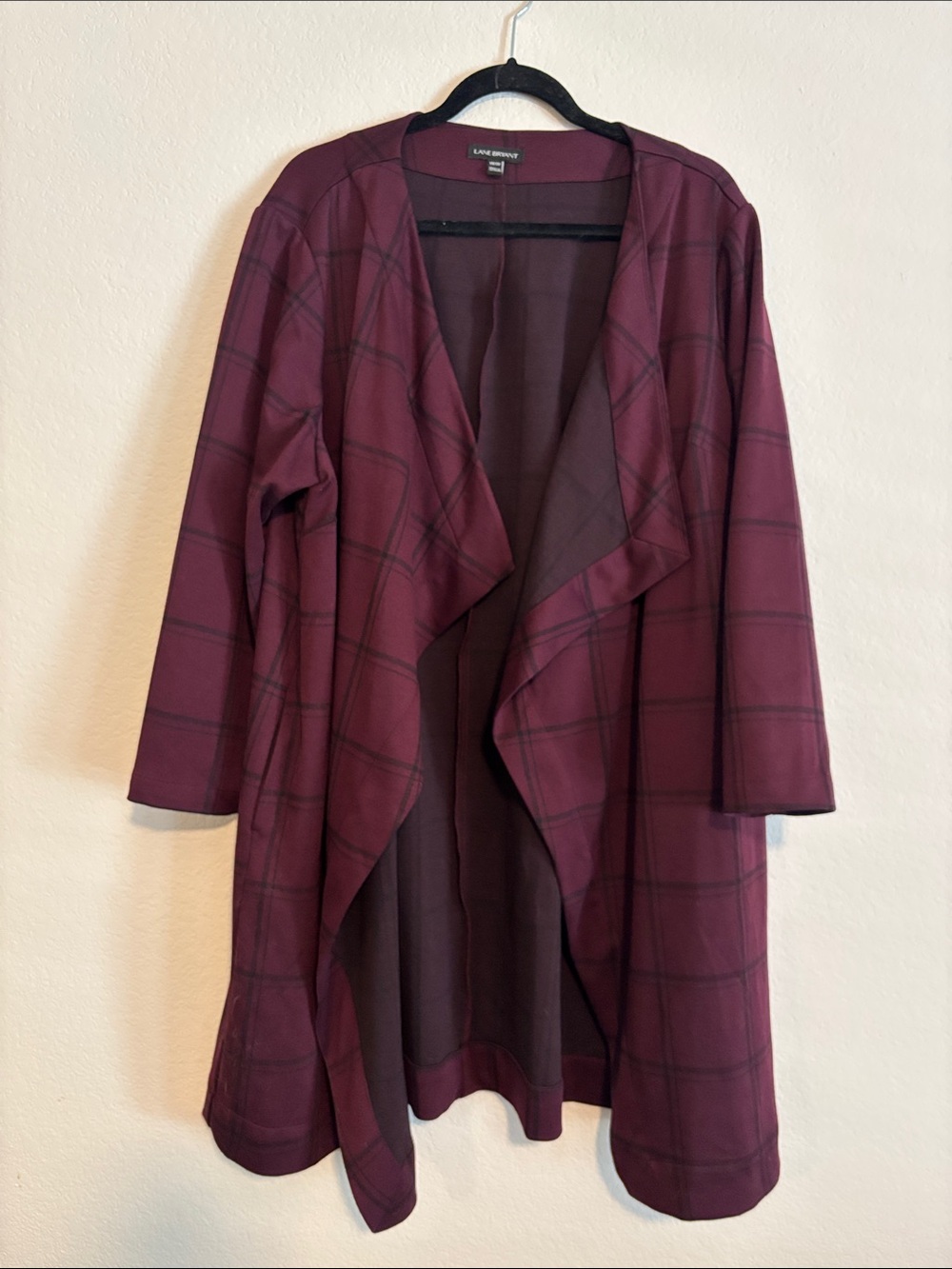 Lane Bryant Burgundy Plaid Drape Front Cardigan